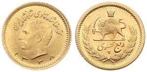 Iran, Kingdom, Muhammad Reza Pahlavi Shah, 1/4 Pahlavi Gold SH1338 (1959), Head left / Radiant lion holding sword within crowned wreath, KM 1160a, UNC (*)