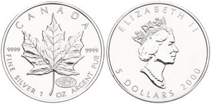 Canada, Confederation, Elizabeth II, 5 Dollars Silver 2000, Maple Leaf - Crowned head right, KM 187 with PRIVY MARK, UNC