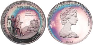 Turks & Caicos Islands, British Colony, Elizabeth II, 20 Crowns Silver 1992, 500th Anniversary Discovery of America - Columbus and Indiens exchange gifts, KM 131.3, PROOF