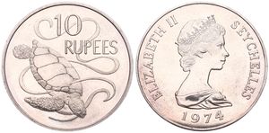 Seychelles, British Colony, Elizabeth II, 10 Rupees Copper-Nickel 1974, Green Sea Turtle - Young bust right, KM 20, B.UNC