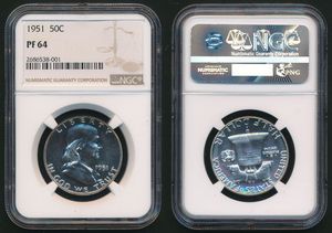 United States of America, Republic, 1/2 Dollar Silver 1951, Benjamin Franklin, KM 199, NGC Graded PF-64