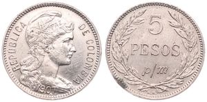 Colombia, Republic, Inflationary Coinage, 5 Pesos (Papel Moneda) Copper-Nickel 1907, Liberty head right, KM 279, XF