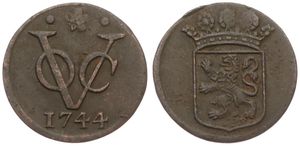 Netherlands East Indies, V.O.C., 1 Duit Copper 1744, Crowned Holland arms, KM 70, VF