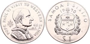 Samoa, Constitutional Monarchy, 1 Tala Copper-Nickel 1970, Visit of Pope Paul VI, KM 10, UNC 