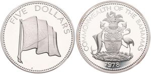Bahamas, Commonwealth, Elizabeth II, 5 Dollars Silver 1978, National Flag, KM 67a, PROOF