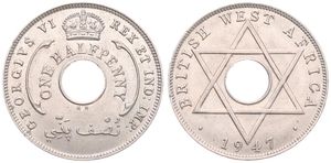 British West Africa, Colony, George VI, 1/2 Penny Copper-Nickel 1947KN, Crown above center hole, KM 18, UNC