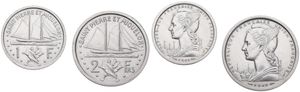 Saint Pierre & Miquelon, French Overseas Department, 1 & 2 Francs Aluminum 1948, Winged Liberty head head left - Sailing Ship, KM 1/2, A.UNC (coins has been varnished)