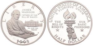 United States of America, Republic, 1/2 Dollar Silver 1993S, James Madison - Bill of Rights, KM 240, PROOF