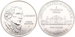 United States of America, Republic, 1 Dollar Silver 1993D, James Madison - The Bill of Rights, KM 241, UNC