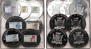 Zambia, Republic, Set : 7 x 1000 Kwacha Silver Plated Copper-Nickel 1998-1999, Euro banknotes, KM Div, PROOF