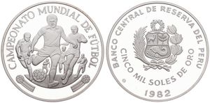 Peru, Republic, 5000 Soles de Oro Silver 1982, World Championship Soccer - 6 Soccer players, KM 284, PROOF
