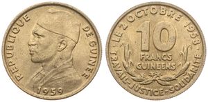 Guinea, Republic, 10 Francs Aluminum-Bronze 1959, Head of Ahmed Sekou Toure left, KM 2, SCARCE, A.UNC