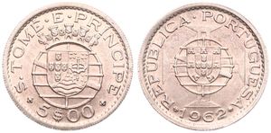 Saint Thomas & Prince, Portuguese Colony, 5 Escudos Silver 1962, National arms, KM 20, UNC