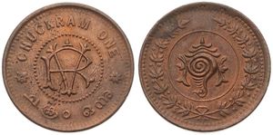 India - Princely States, Travancore, Rama Varma VI, 1 Chuckram Copper ND (1901-1910), RV Monogram / Conch Shell in sprays, KM 43, XF