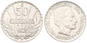 Uruguay, Republic, 50 Centesimos Silver 1943, Head of Artigas right, KM 31, A.UNC
