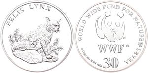 WWF, World Wide Fund for Nature, Medal in Silver 1986, 30th Anniversary of WWF - Felis Lynx (Lynx) / WWF Logo surrounded by legend, PROOF
