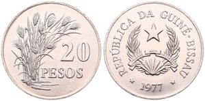 Guinea-Bissau, Republic, 20 Pesos Copper-Nickel 1977, Plants left of denomination, KM 21, SCARCE in UNC !