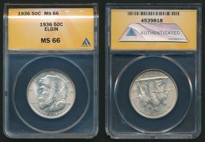United States of America, Republic, 1/2 Dollar Silver 1936, Elgin - Illinois Centennial and Pioneer Memorial, KM 180, ANACS Graded MS-66