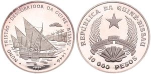 Guinea-Bissau, Republic, 10000 Pesos Silver 1991, Nuno Tristao Discovery - Sailing ships landing, KM 27, PROOF