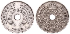 Southern Rhodesia, British Colony, George VI, 1/2 Penny Copper-Nickel 1939, Crowned flower design within circle around center hole, KM 14, VF