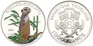 Togo, Republic, 1000 Francs Silver 2007, Multicolor Mongoose, KM NL, PROOF