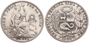 Peru, Republic, 1 Sol Silver 1924, Seated Liberty flanked by shield and column, KM 218.1, VF 