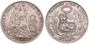 Peru, Republic, 1 Sol Silver 1930, Seated Liberty flanked by shield and column, KM 218.2, SCARCE DATE, VF