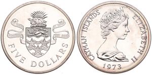 Cayman Islands, British Colony, Elizabeth II, 5 Dollars Silver 1973, National arms, KM 8, PROOF