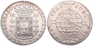 Brazil, Portuguese Colony, Joao, 960 Reis Silver 1816B, Curved parallels on globe, KM 307.1, A.XF