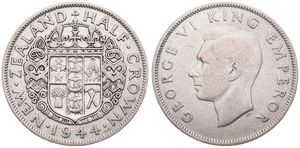 New Zealand, British Dependency, George VI, 1/2 Crown Silver 1944, Head left, KM 11, RARE KEY DATE, A.VF