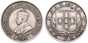 Jamaica, British Colony, George V, 1 Penny Copper-Nickel 1920, Crowned bust left within beaded circle, KM 26, VF