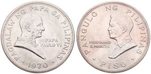Philippines, Republic, 1 Piso Silver 1970, Visit of Pope Paul VI, KM 202a, UNC