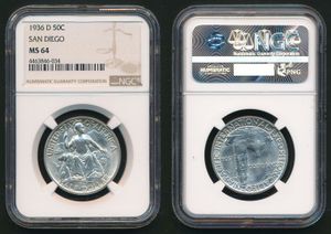 United States of America, Republic, 1/2 Dollar Silver 1936D, San Diego - Pacific International Exposition, KM 171, NGC Graded MS-64