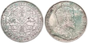 Straits Settlements, British Colony, Edward VII, 1 Dollar Silver 1908, Crowned bust right, KM 26, VF