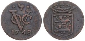 Netherlands East Indies, V.O.C., 1 Duit Copper 1748, Crowned arms of West Friesland, KM 131, VF