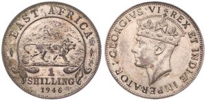 East Africa, British Colony, George VI, 1 Shilling Silver 1946 SA, Crowned head left, KM 28.4, A.XF