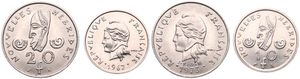 New Hebrides, French/British Condominium, 10 & 20 Francs Nickel 1967-1973, Liberty head left, KM 2.1 & 3.2, UNC