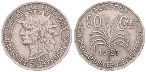 Guadeloupe, French Colony, 50 Centimes Copper-Nickel 1921, Armored head left within circle, KM 45, VF