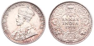 India-British, Colony, George V, 2 Annas Silver 1917, Crowned bust left, KM 515, UNC