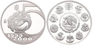 Mexico, Estados Unidos, 5 Pesos Silver 1999-2000, Millennium - Aztec bird design and value, KM 632, PROOF