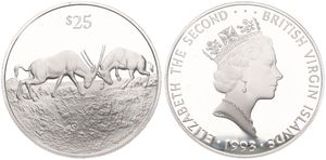 British Virgin Islands, Colony, Elizabeth II, 25 Dollars Silver 1993, Endangered Wildlife - Sparring Arabian Oryx, KM 167, PROOF