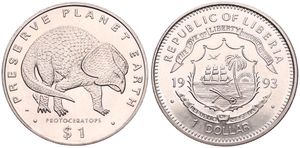 Liberia, Republic, 1 Dollar Copper-Nickel 1993, Prehistorical Animals - Protoceratops, KM 98, UNC