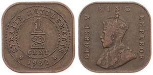 Straits Settlements, British Colony, George V, 1/2 Cent Bronze 1932, Crowned bust left, KM 37, VF+