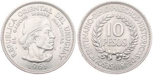 Uruguay, Republic, 10 Pesos Silver 1961, Sesquicentennial of Revolution against Spain - Bust of M.G. Rizzello right, KM 43, UNC 