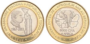 Togo, Republic, 6000 CFA Francs Bi-Metallic 2003, President Eyadema and map within circle, KM X22, UNC