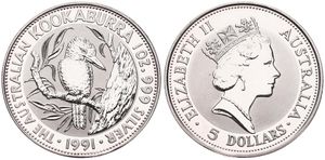 Australia, British Colony, Elizabeth II, 5 Dollars Silver 1991, Kookaburra on branch, KM 138, PROOF