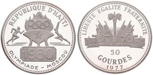 Haiti, Republic, 50 Gourdes Silver 1977, Olympics - Olympic flame above date flanked by athletes, KM 129, PROOF