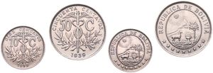 Bolivia, Republic, 10 & 50 Centavos Copper-Nickel 1939, Cornucopia and torch flank date, KM 179.2 & 182, UNC