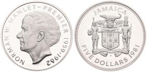 Jamaica, British Colony, Elizabeth II, 5 Dollars Silver 1981, Head of Norman W. Manley left, KM 85.1a, PROOF