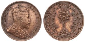 Ceylon, British Colony, Edward VII, 1/2 Cent Copper 1908, Crowned bust right, KM 101, VF/XF